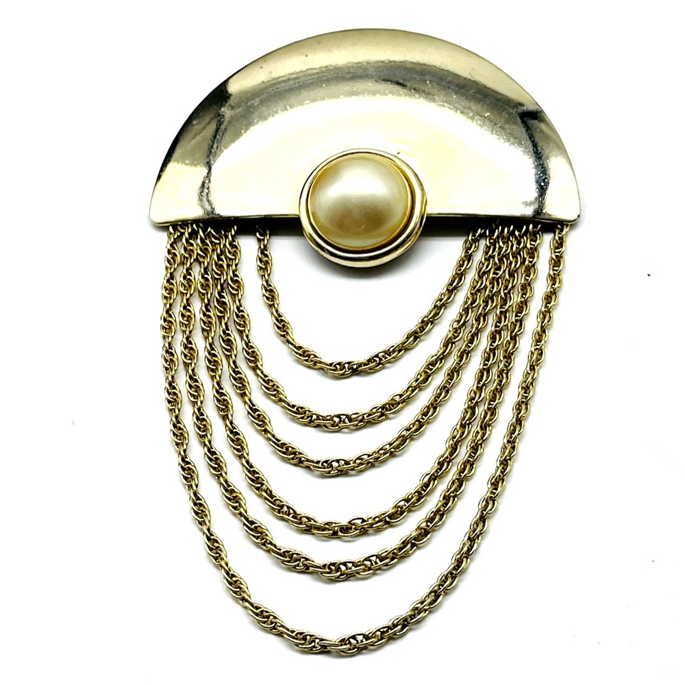 Vintage Gold Tone Brooch Pin Draped Chain Faux Pearl Art Deco Statement Jewelry